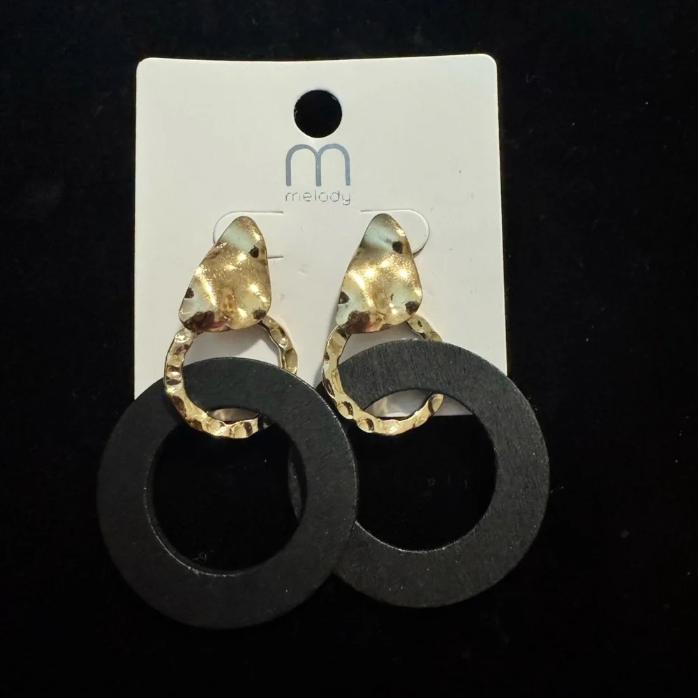 Melody Wooden Statement Earrings – Gold Tone & Black Wood - Picture 2 of 3
